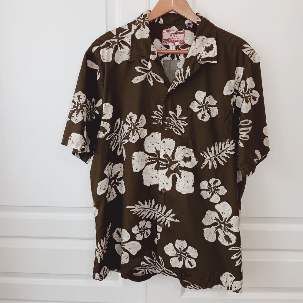 RJC Men's Olive Green Hibiscus Hawaiian Shirt Size L
